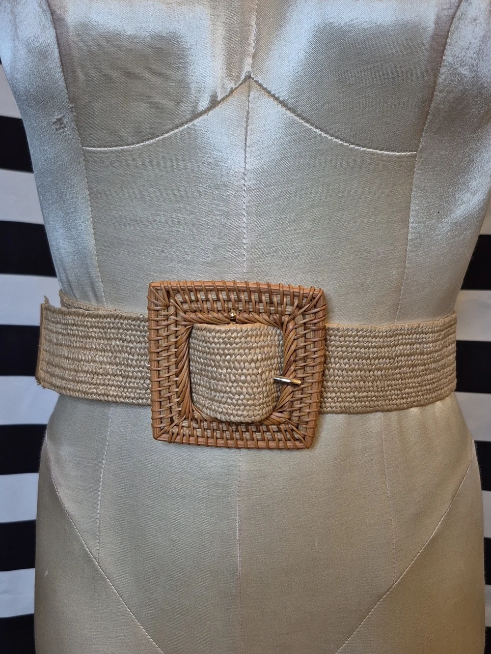 Two Boho Woven Straw Circle And Square Buckle Waist Belt - Natural Brown